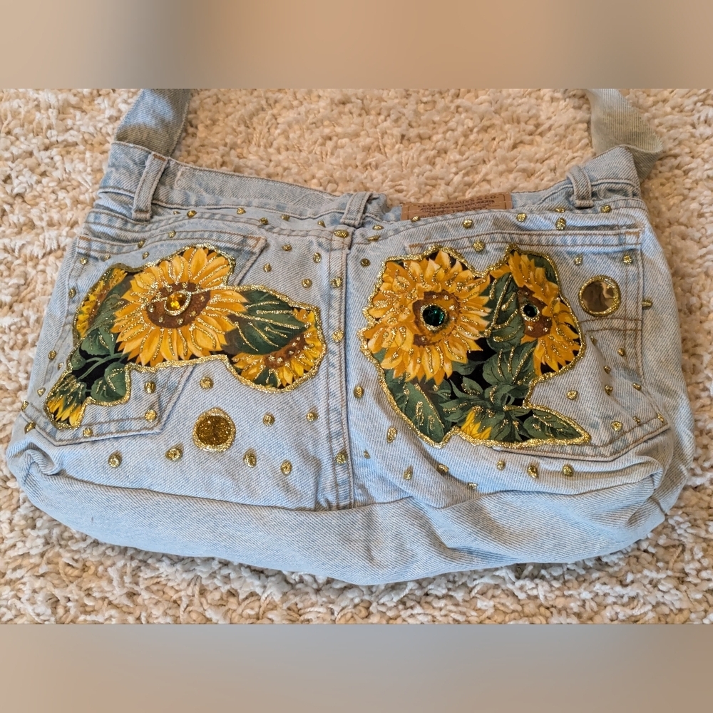 Repurposed Levi Jeans Denim Crossbody/Shoulder Bag Sunflowers - Picture 4 of 8